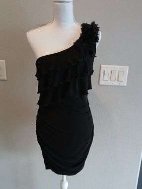 Byer California Black One Shoulder Ruffle Dress Mini Slim Juniors Large